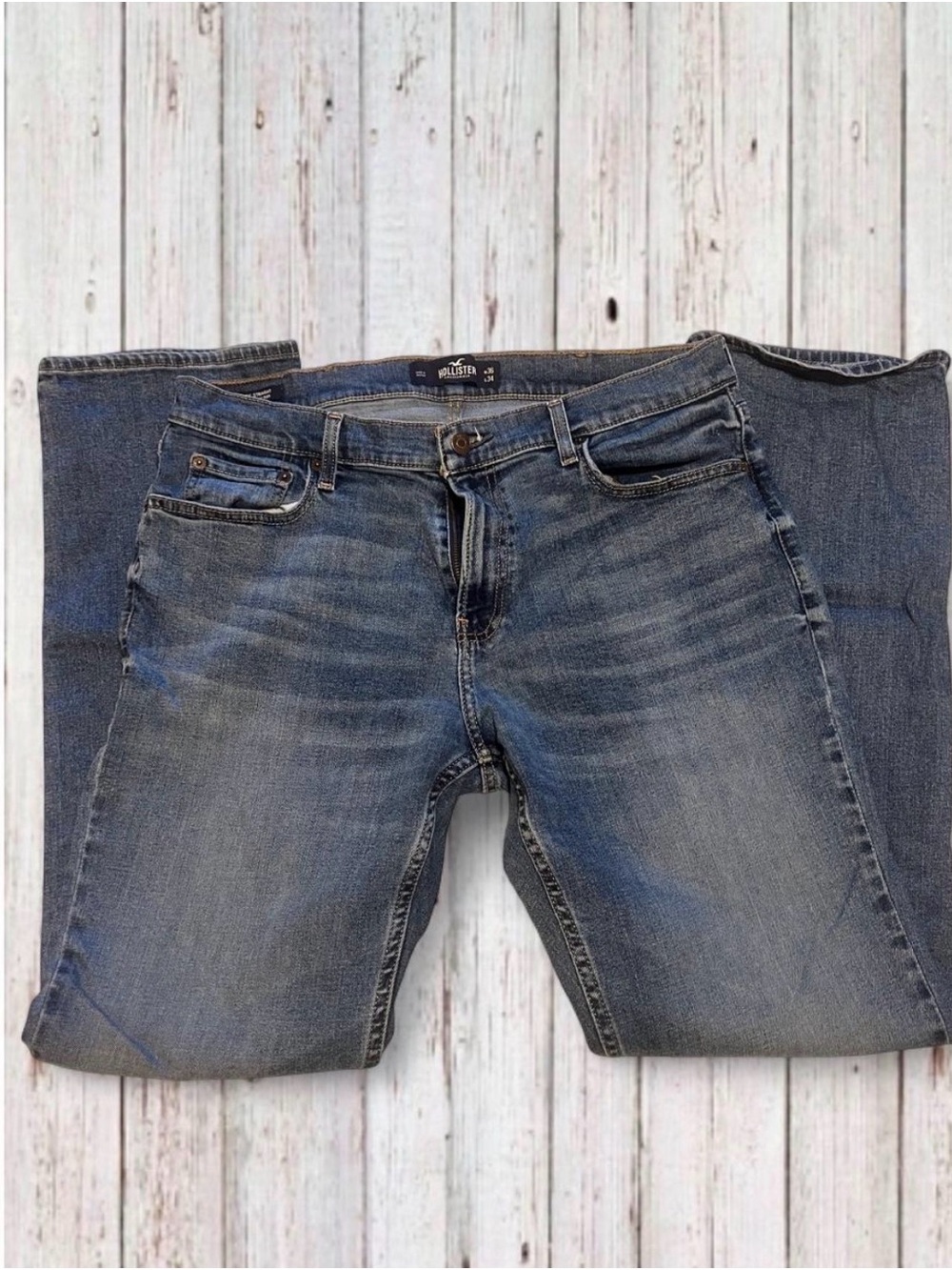 Hollister Men's Straight-Leg Jeans in Faded Blue Denim